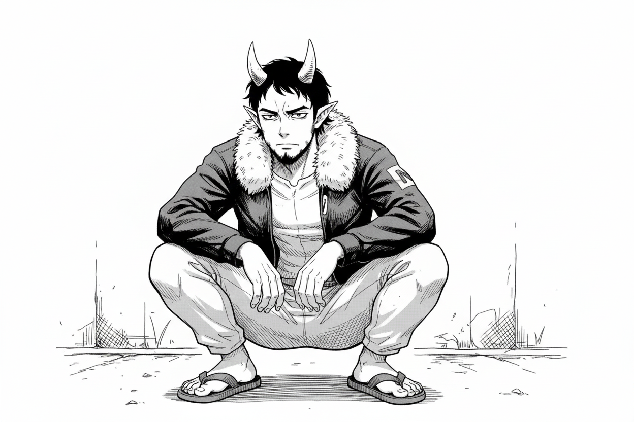 Man met hoorns in Asian squat pose