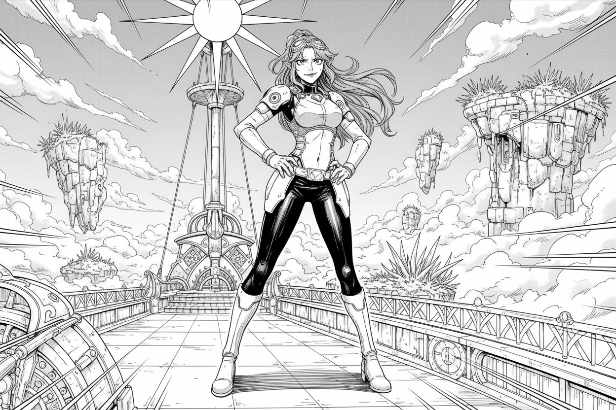 Vrouwelijk karakter in zwart-wit manga stijl